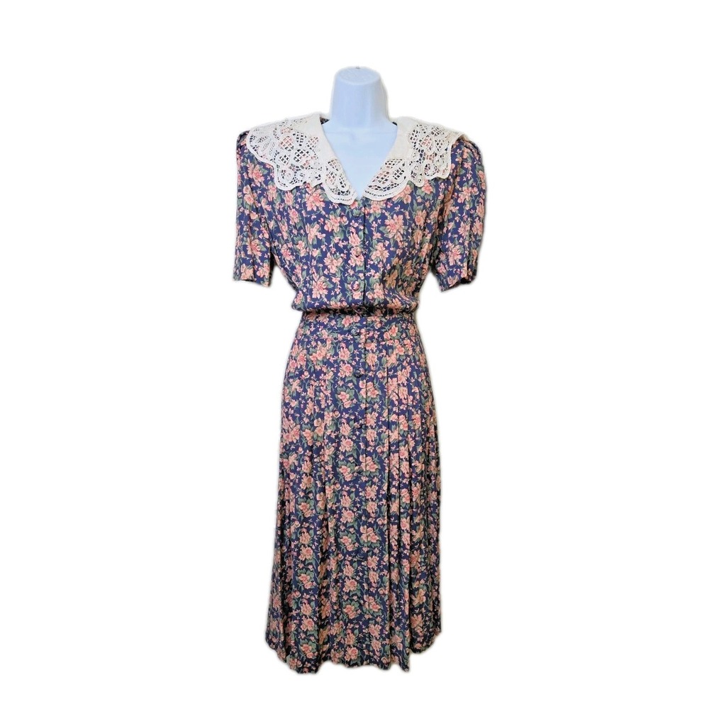 Vtg 80s Floral Cottage Prairie Dress Battenburg Lace Peal Collar L.G. Star Sz 14